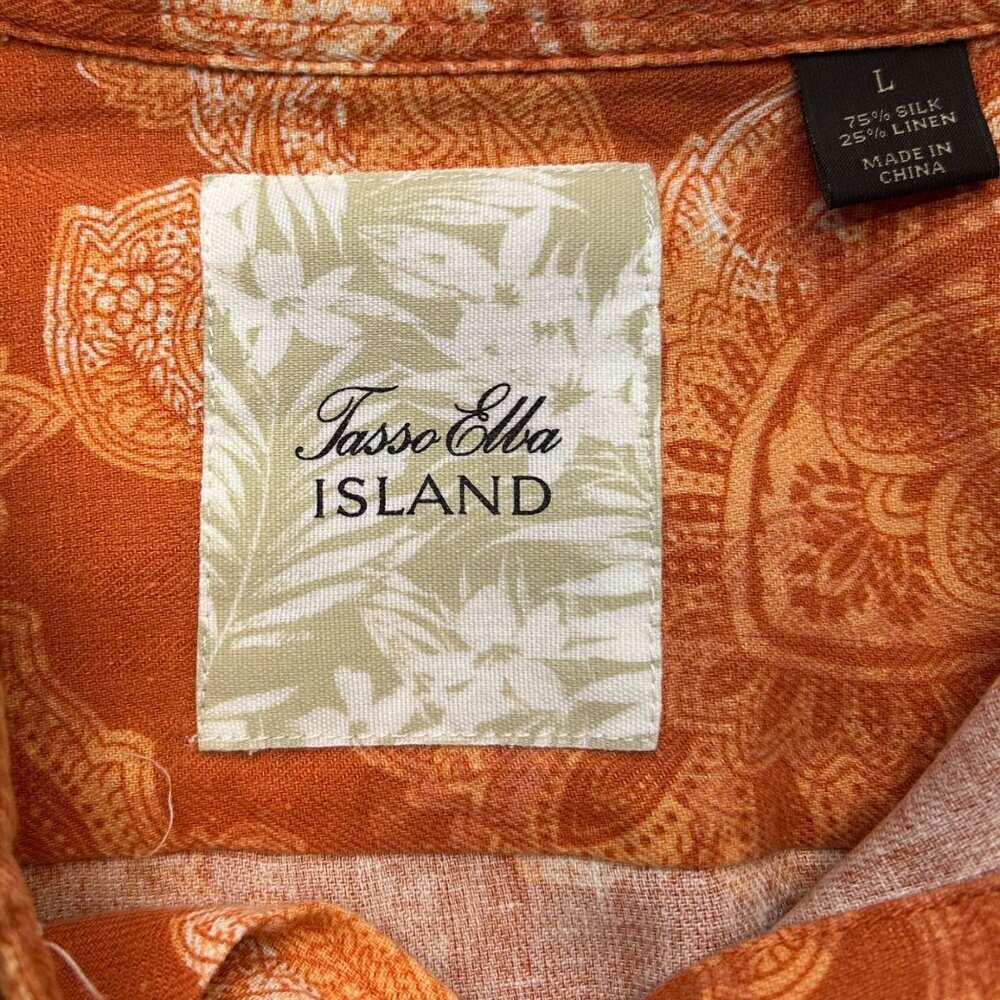 Tasso Elba Island Mens Orange Paisley Button-Down Shirt 75% Silk 25% Linen Short - Picture 3 of 16
